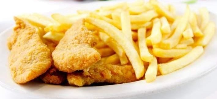 KIDS CHICKEN STRIPS WITH FRENCH FRIES.